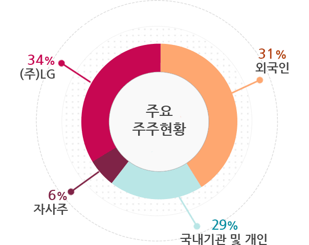 주요 주주현황 외국인 44%, (주)LG 34%, 국내기관 및 개인 16%, 자사주 6%
